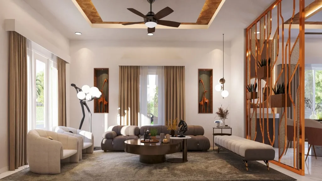 3D visualization of a luxury living room interior for a Madurai home