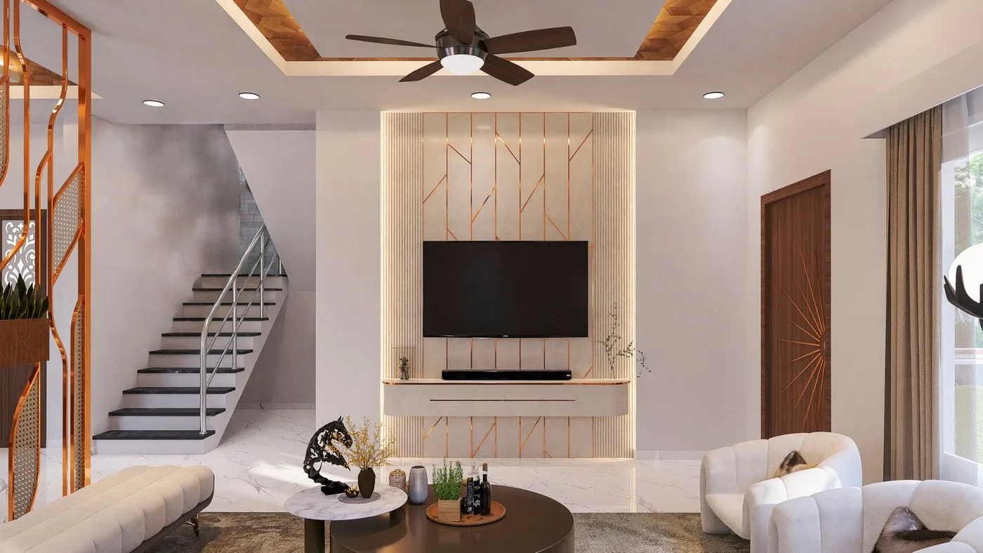 Bharath Architect Madurai — Modern Living Room TV Wall 3D Elevation Design