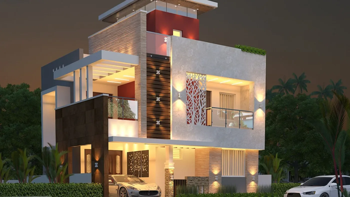 Modern Luxury Villa 3D Elevation Night View — Madurai by Bharath Architect