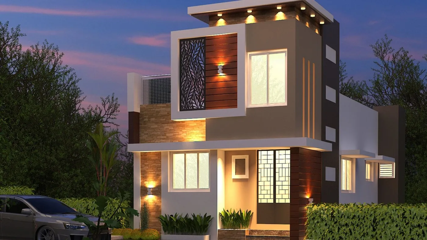 Bharath Architect Madurai — Modern Villa 3D Elevation Night View Design