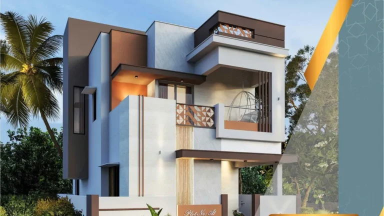 Contemporary 3-story modern villa with white and brown facade, geometric patterns, balconies, and landscape design - Bharath Architect portfolio